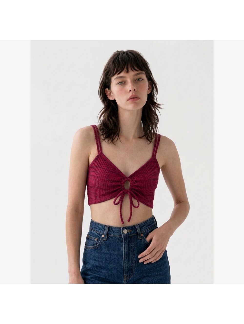 H&M Ribbed Crop Top with Front Tie in Burgundy Size XL